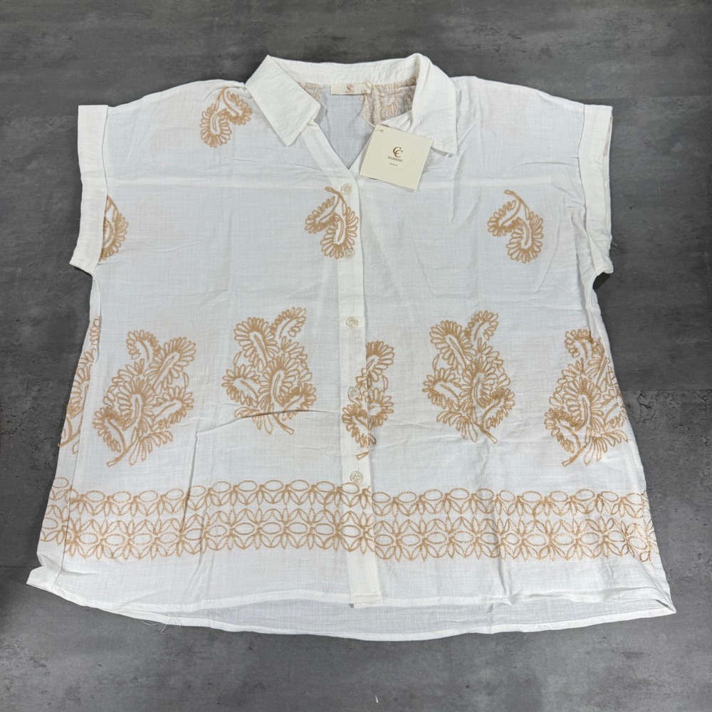 CC Fashion Paris Shirt Blouse Womens L/XL White Gold Embroidered Lightweight